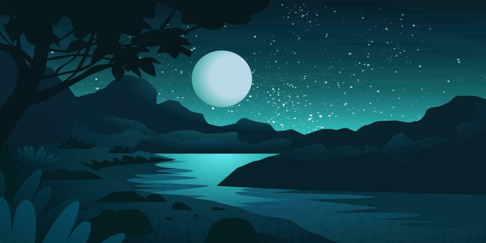hermosa noche paisaje con río y lleno Luna vector