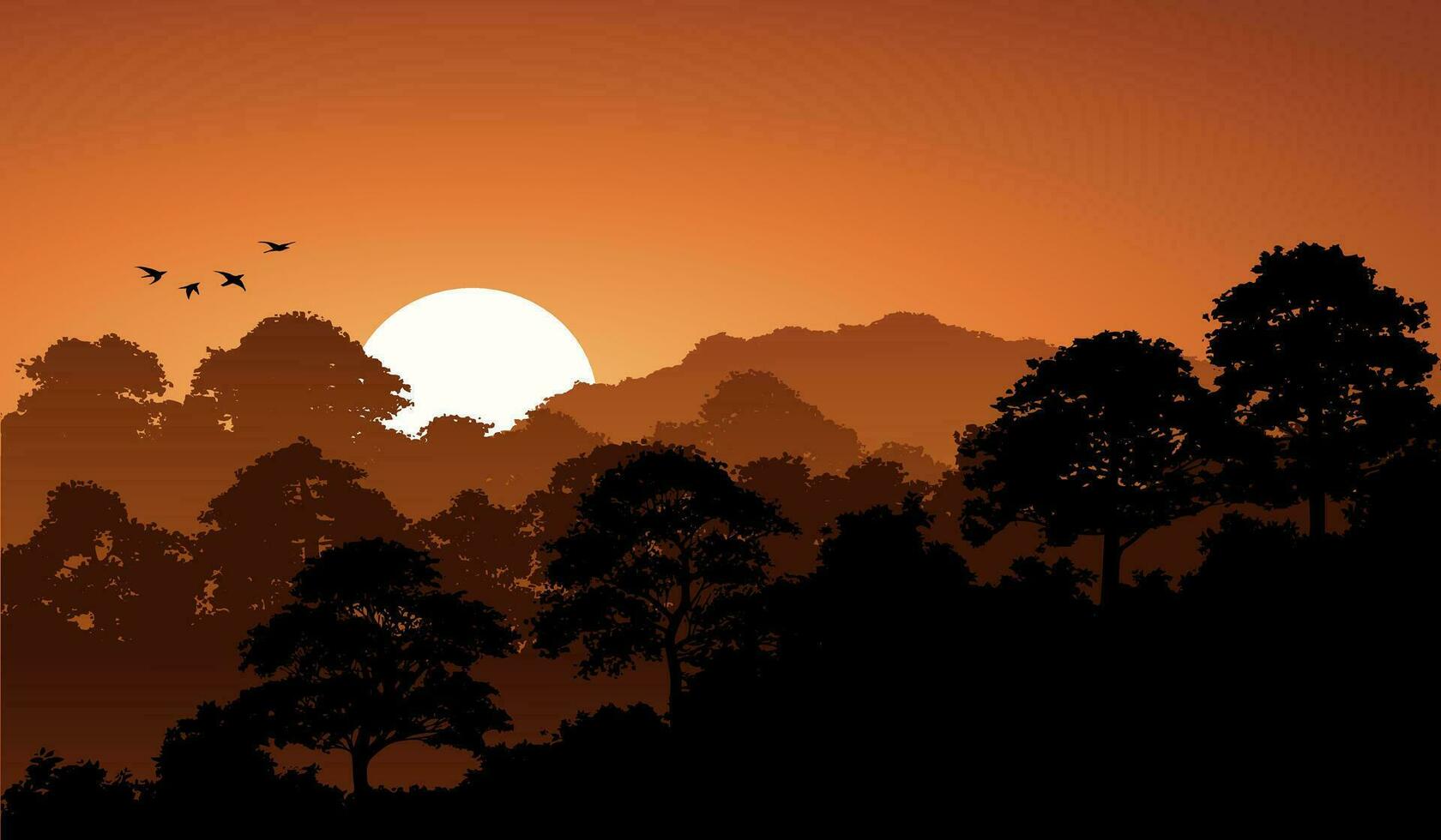 Golden sunset in forest with clear sky vector