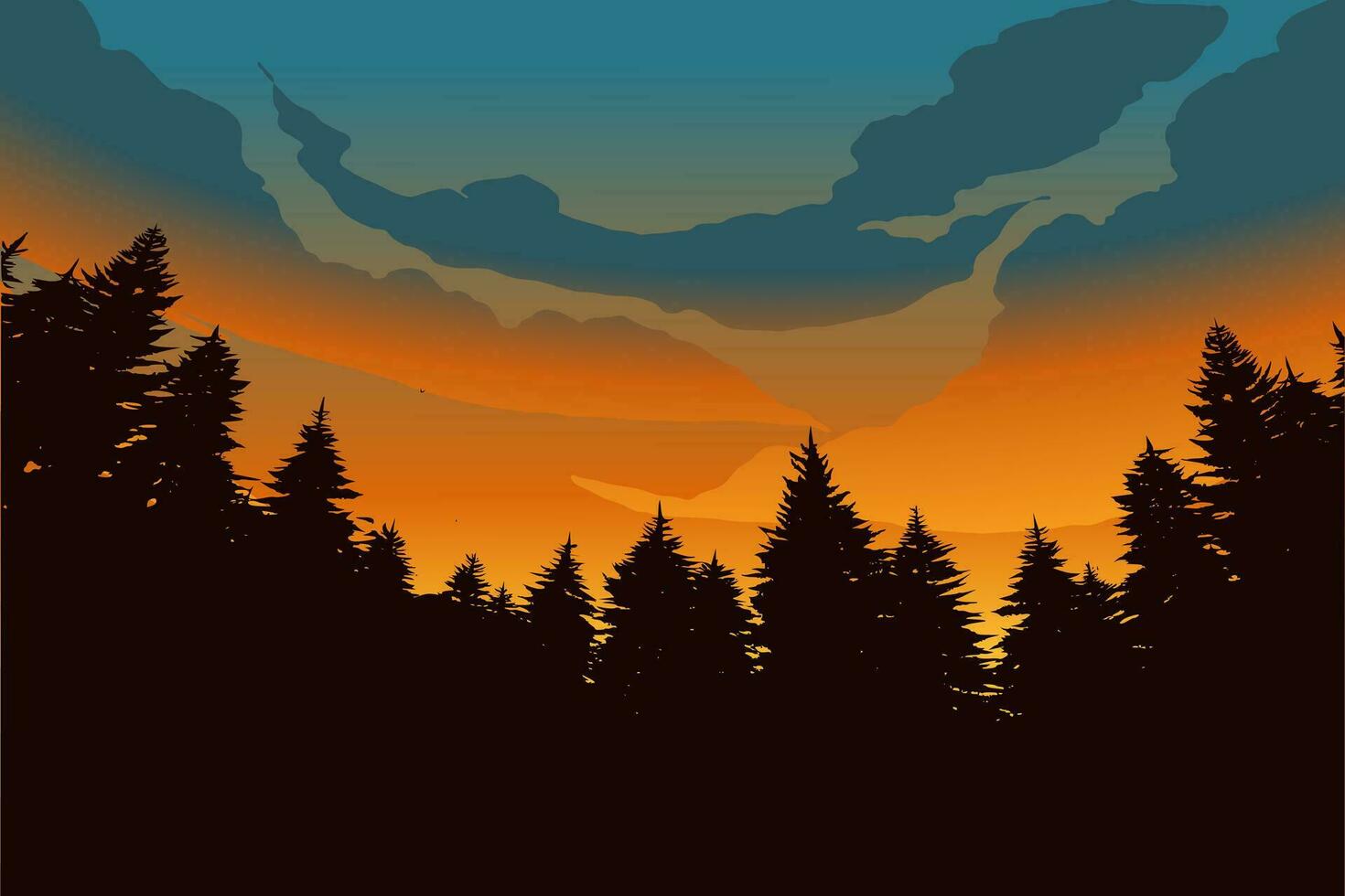 Pine forest silhouette on sunse vector