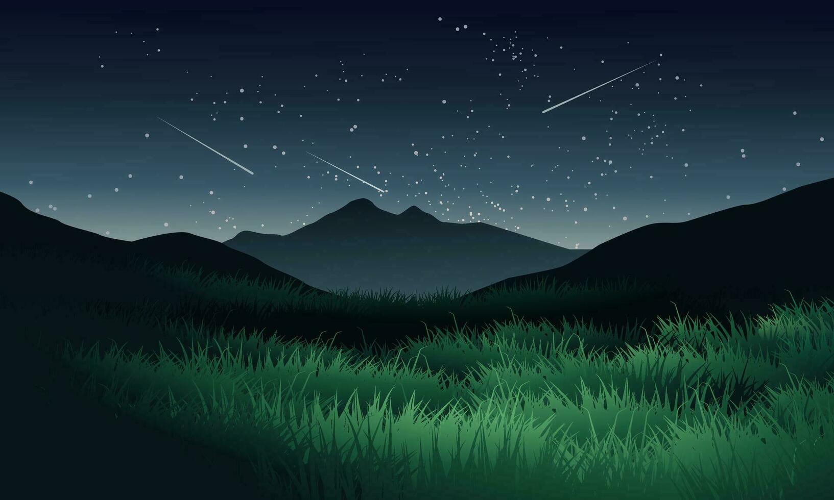 estrellado noche terminado colina con prado y estrellas vector