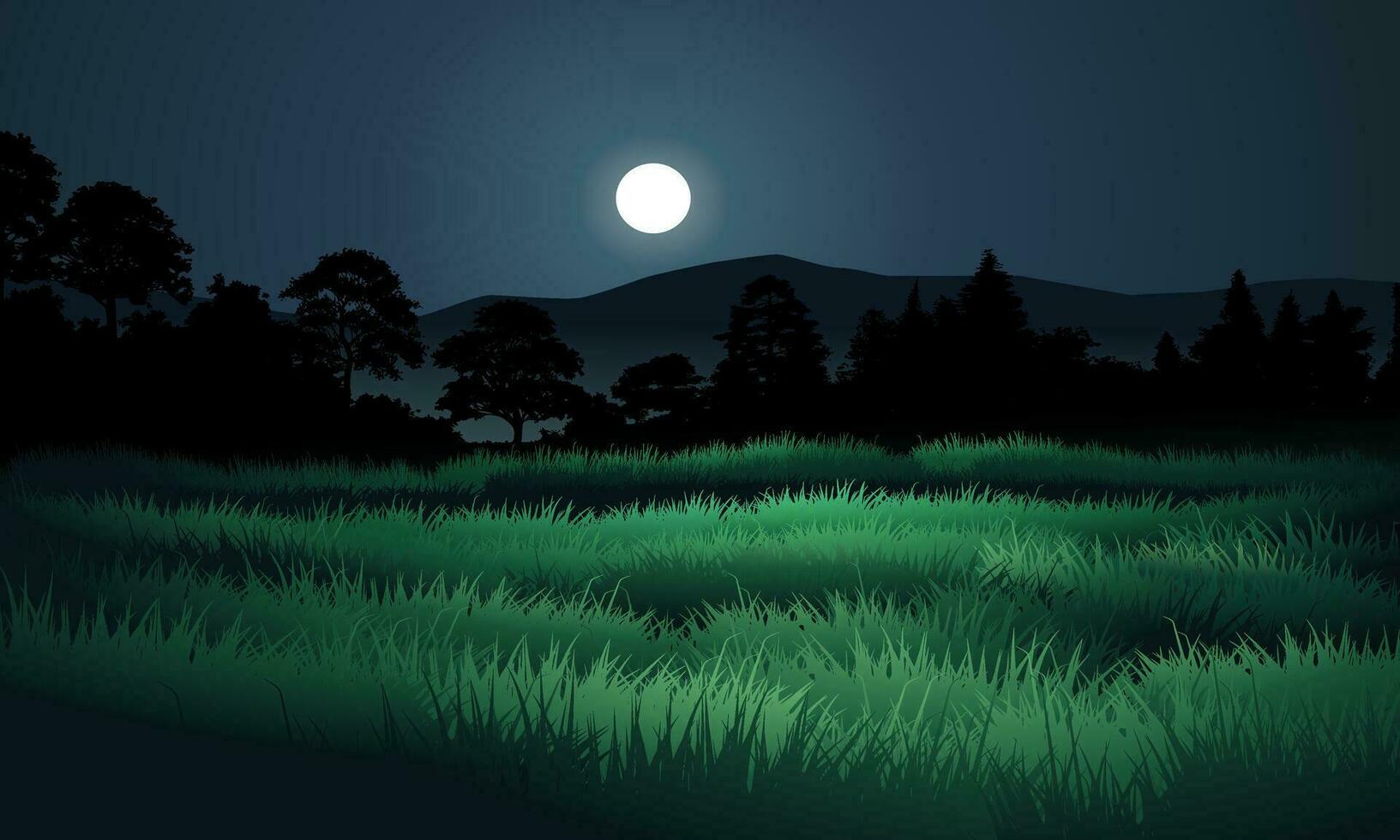 noche paisaje en pradera con montaña y lleno Luna vector