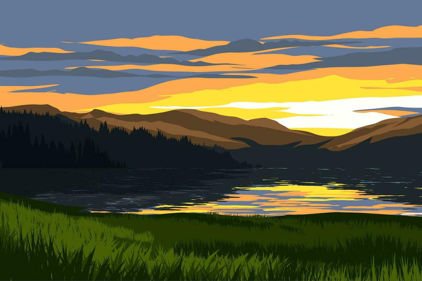 lago y montañas a puesta de sol. vector naturaleza paisaje