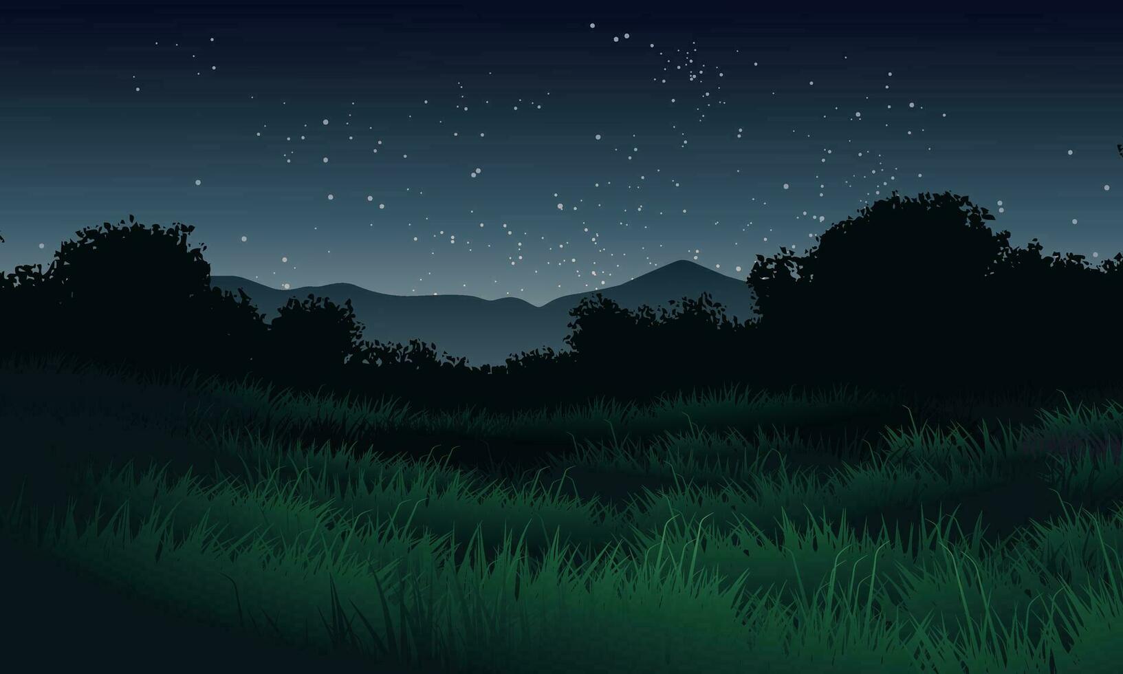 Starry night over meadow with tree silhouette and mountain vector