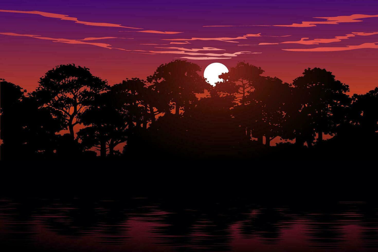 Dramatic sunset in forest with river vector
