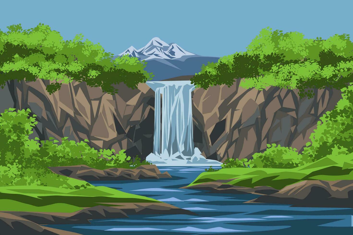 cascada paisaje con montaña y río vector