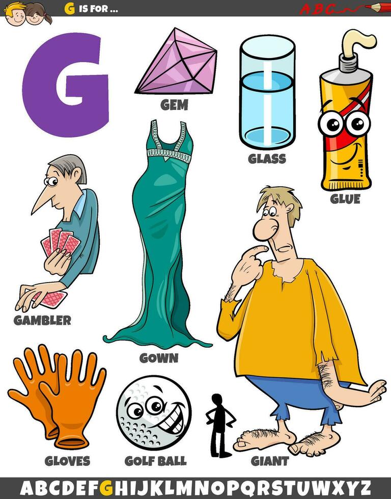 Letter G set with cartoon objects and characters vector