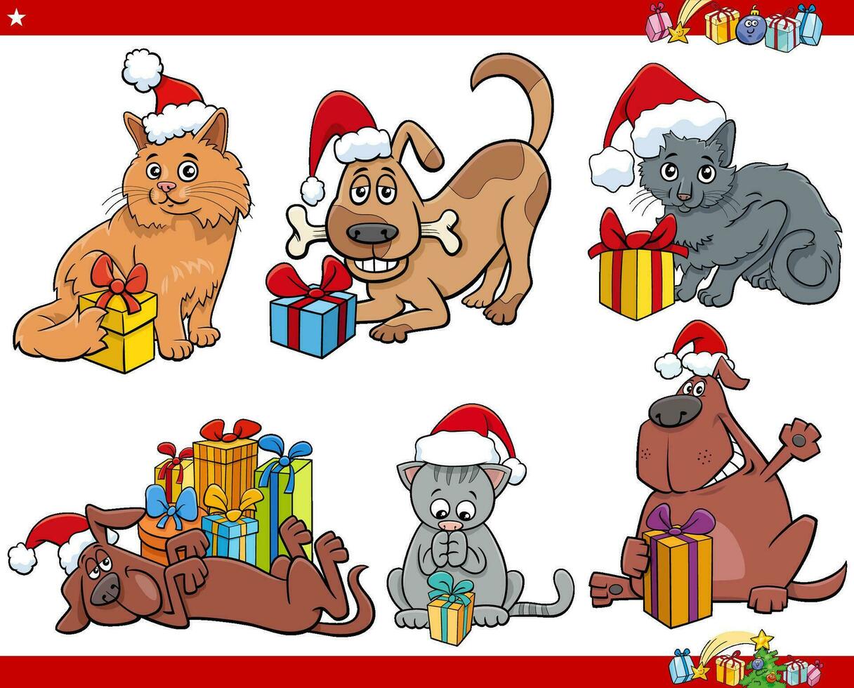 perros y gatos de dibujos animados con regalos de navidad vector