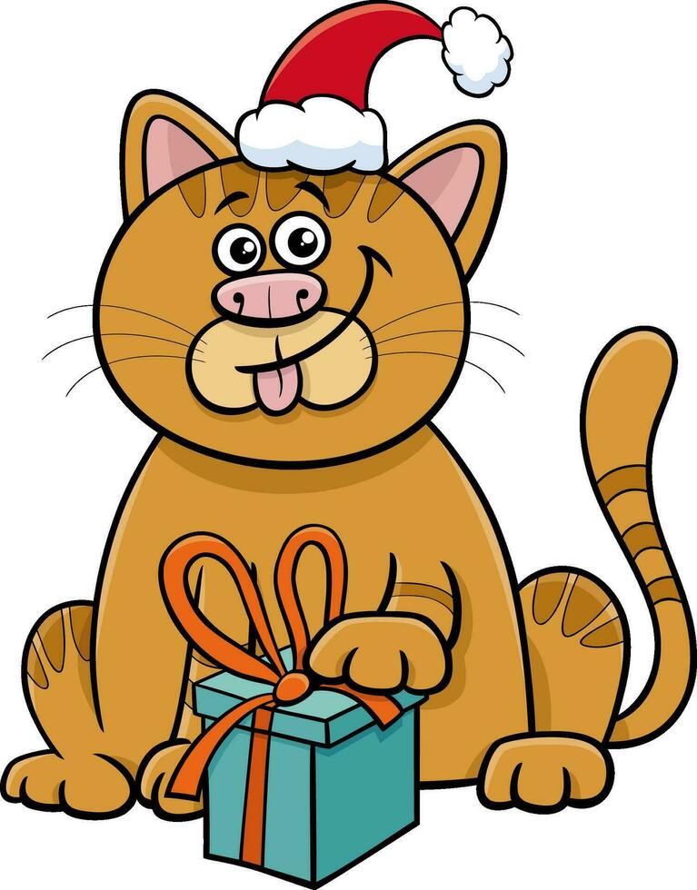 gracioso dibujos animados gato con regalo en Navidad hora vector