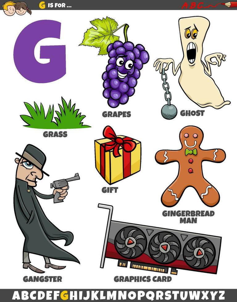 Letter G set with cartoon objects and characters vector