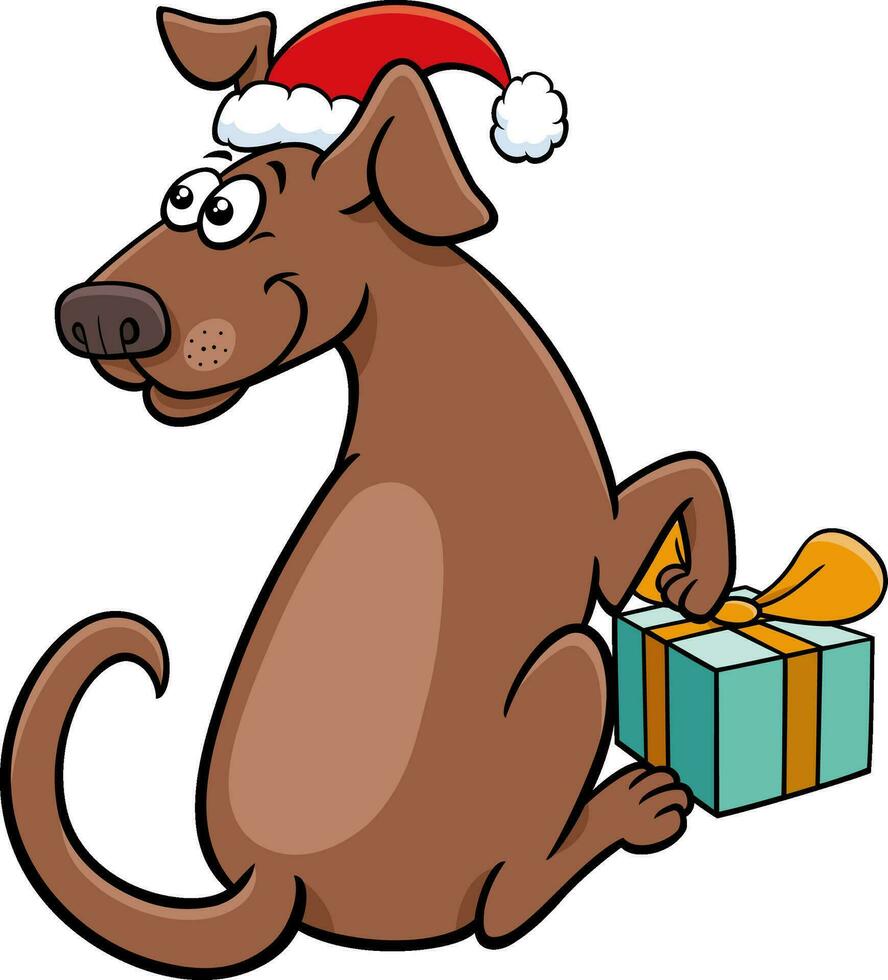 funny cartoon brown dog with Christmas present vector