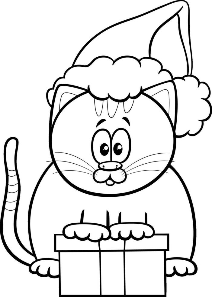 cartoon cat with present on Christmas time coloring page vector