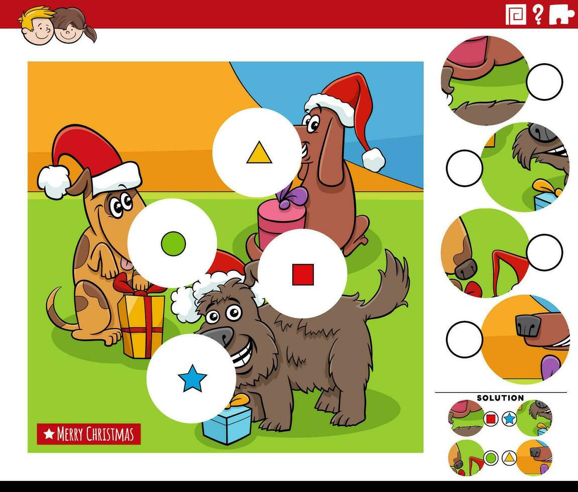 match the pieces activity with cartoon dogs on Christmas vector