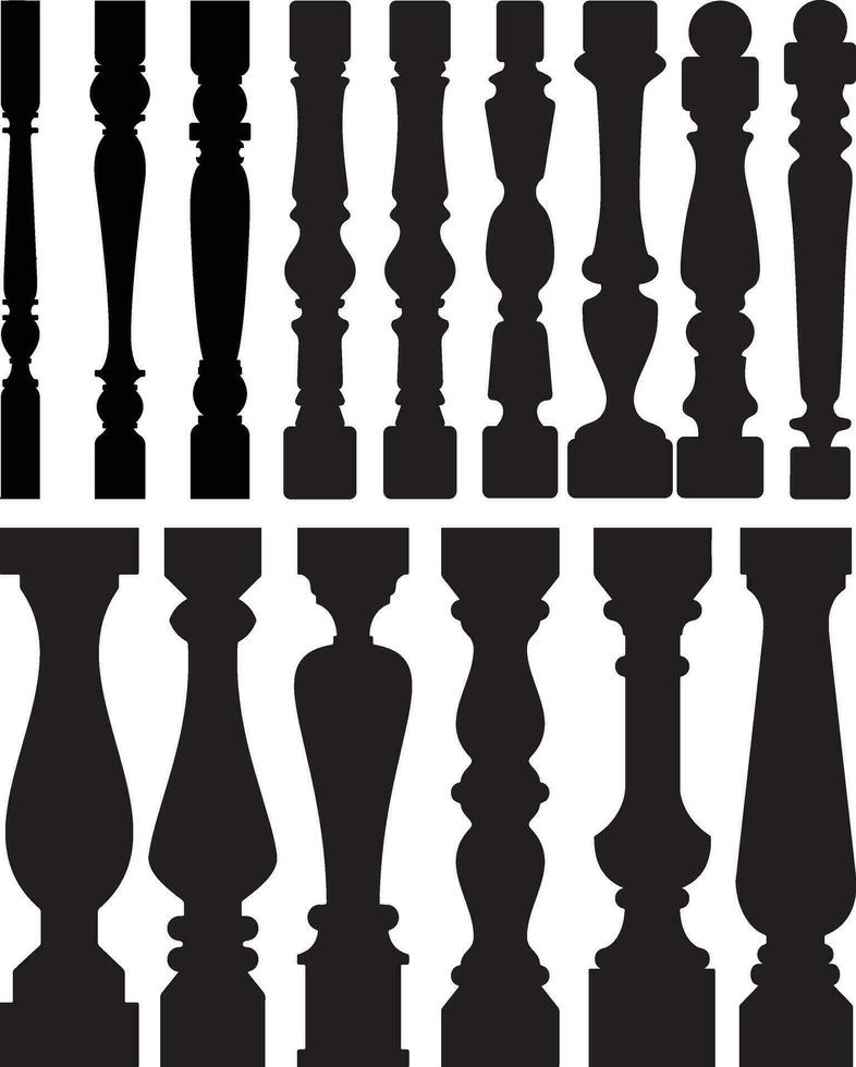 Baluster set collection silhouette balcony wooden balustrade decorative vector architecture elements