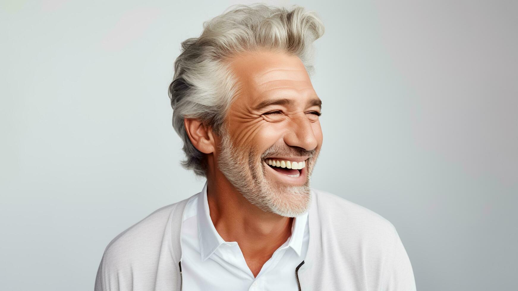 ai generado foto Años 50 medio Envejecido mayor mayor modelo hombre con gris pelo sonriente blanco antecedentes. ai generado