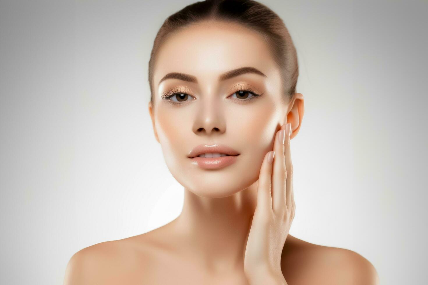 AI generated beautiful Skincare woman face with clean purity skin isolated on beige background. AI Generated photo