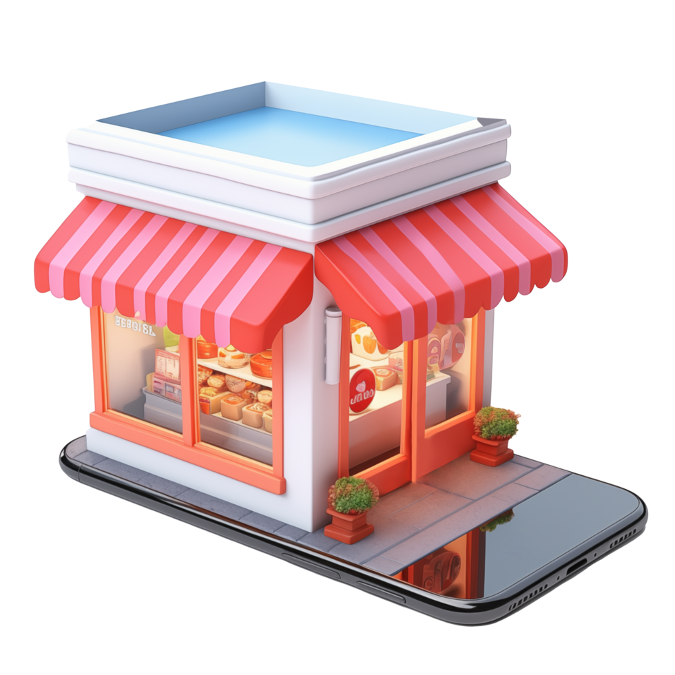 AI generated Smartphone with mall store elements, 3d design. Suitable for business and online shopping png