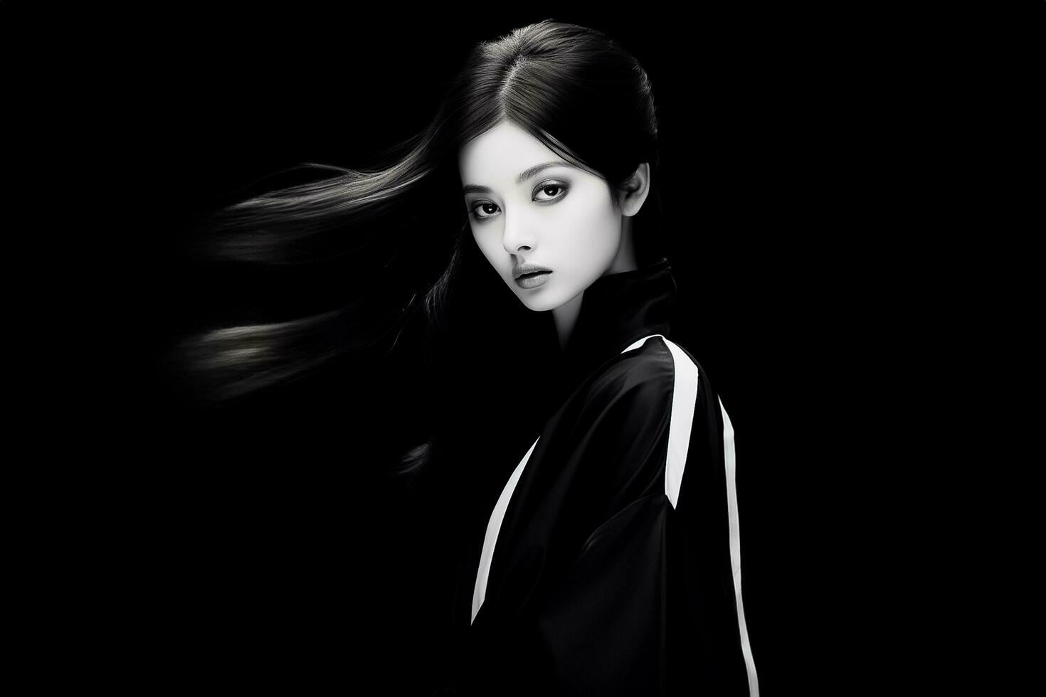 ai generado Moda Arte retrato de hermosa chino mujer con resumen negro y blanco ropa. ai generado foto