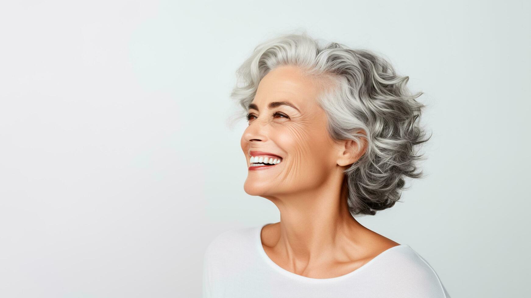 ai generado Años 50 medio Envejecido mayor mayor modelo mujer con gris pelo sonriente blanco antecedentes. ai generado foto