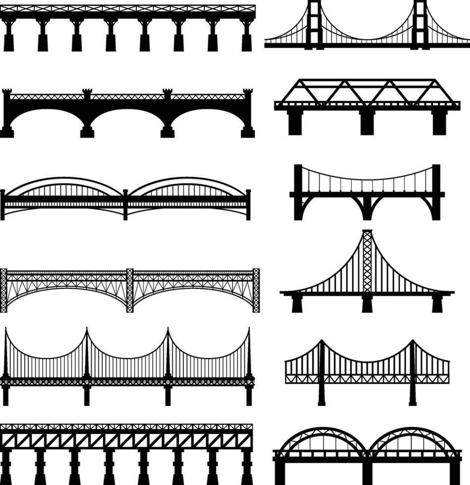 Set of different bridges silhouettes. Isolated on white background. Black and white. Vector illustration.