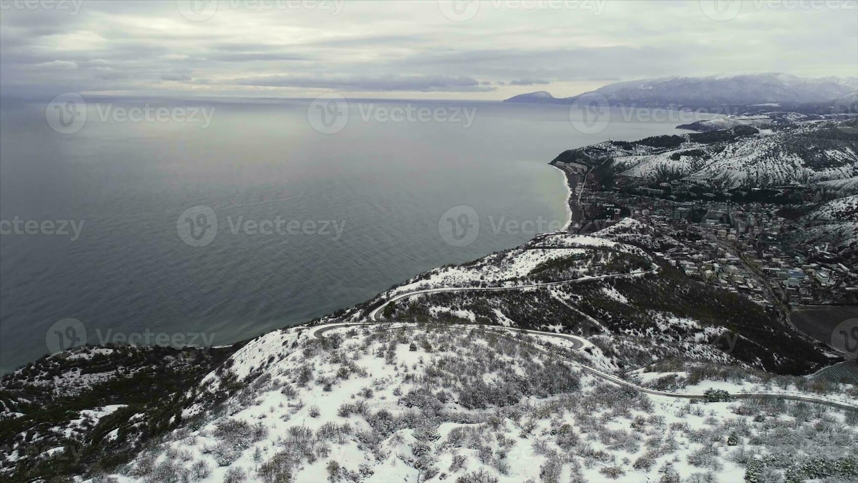 hermosa invierno marina con Nevado campos, bosque y azul mar en gris, nublado cielo antecedentes. disparo. aéreo para invierno línea costera con Nevado arboles y campos. foto