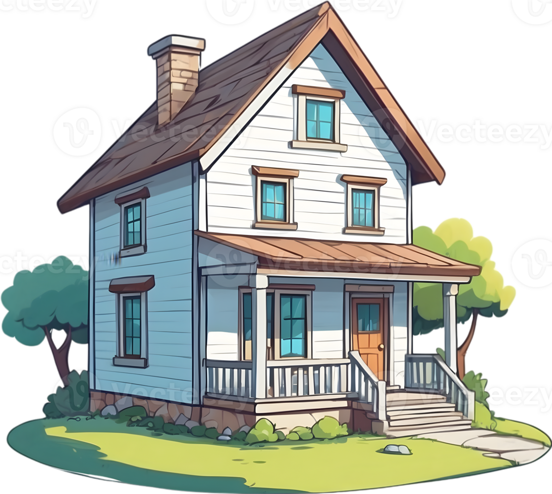 AI generated cartoon house with blue roof and porch png