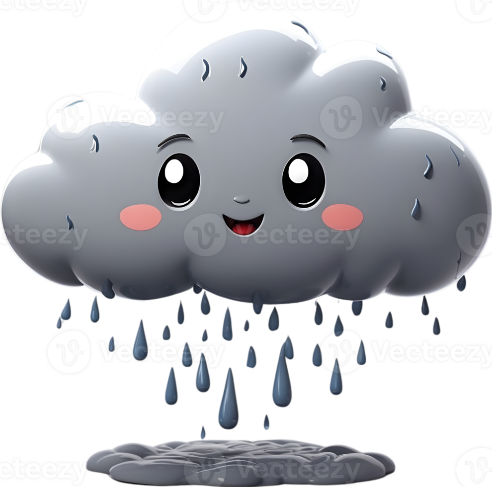 AI generated a gray cartoon cloud with rain drops on it png