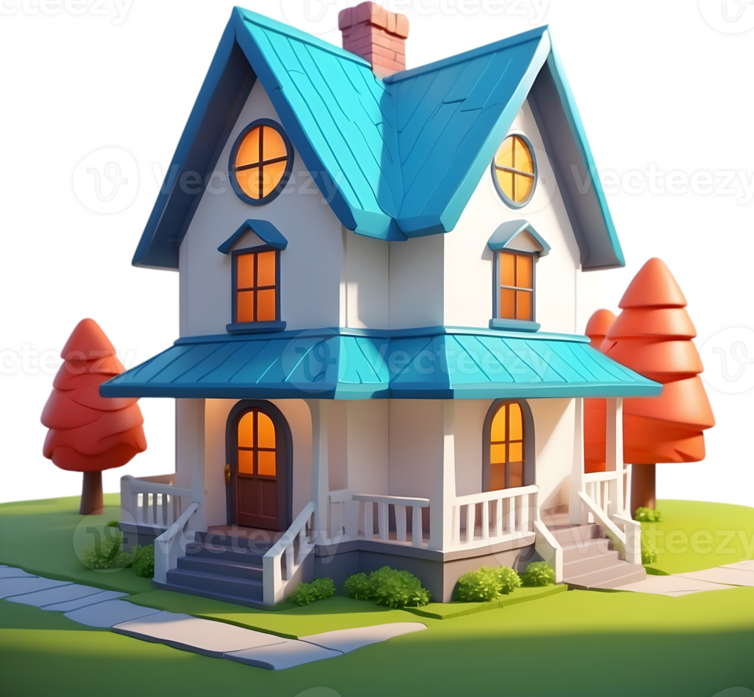 AI generated cartoon house with blue roof and porch png