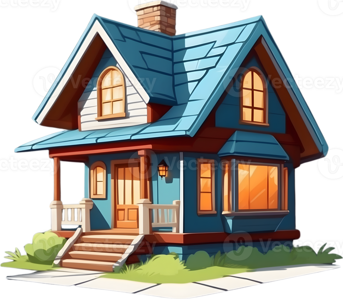 AI generated cartoon house with blue roof and porch png