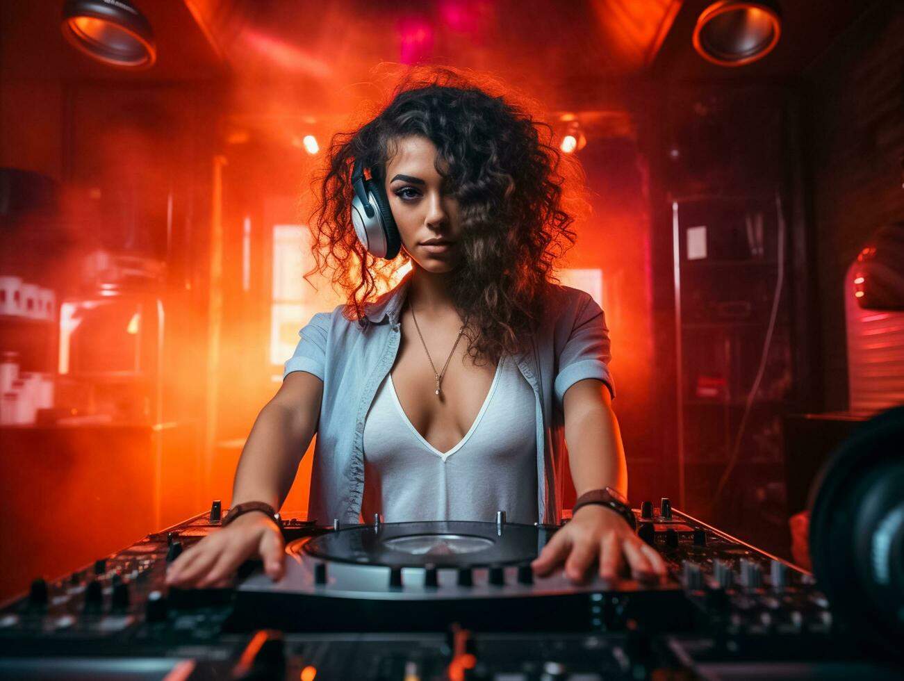 AI generated Young woman dj with sunglasses Smoke and Headphones playing music. Nightlife concept. AI Generated photo