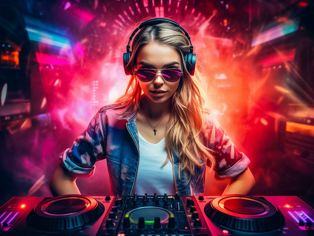 AI generated Young woman dj with sunglasses Smoke and Headphones playing music. Nightlife concept. AI Generated photo