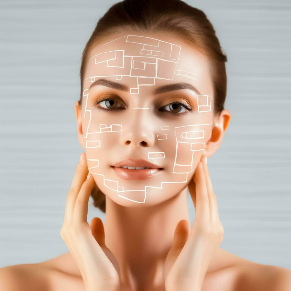 AI generated beautiful Skincare woman face with clean purity skin isolated on beige background. AI Generated photo