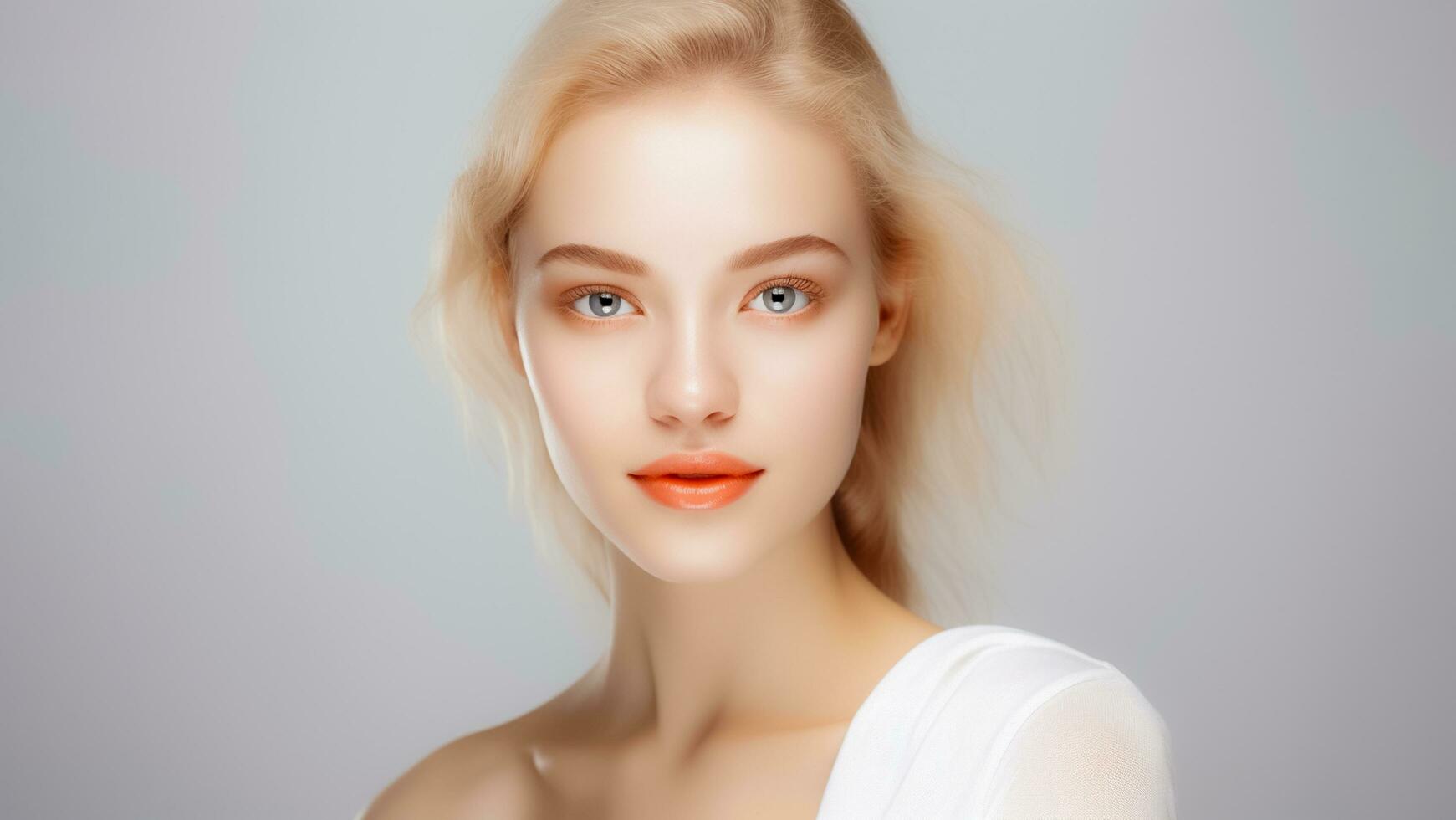 ai generado retrato belleza niña conmovedor su cara con Perfecto piel. protección de la piel o cosmético modelo. ai generado foto