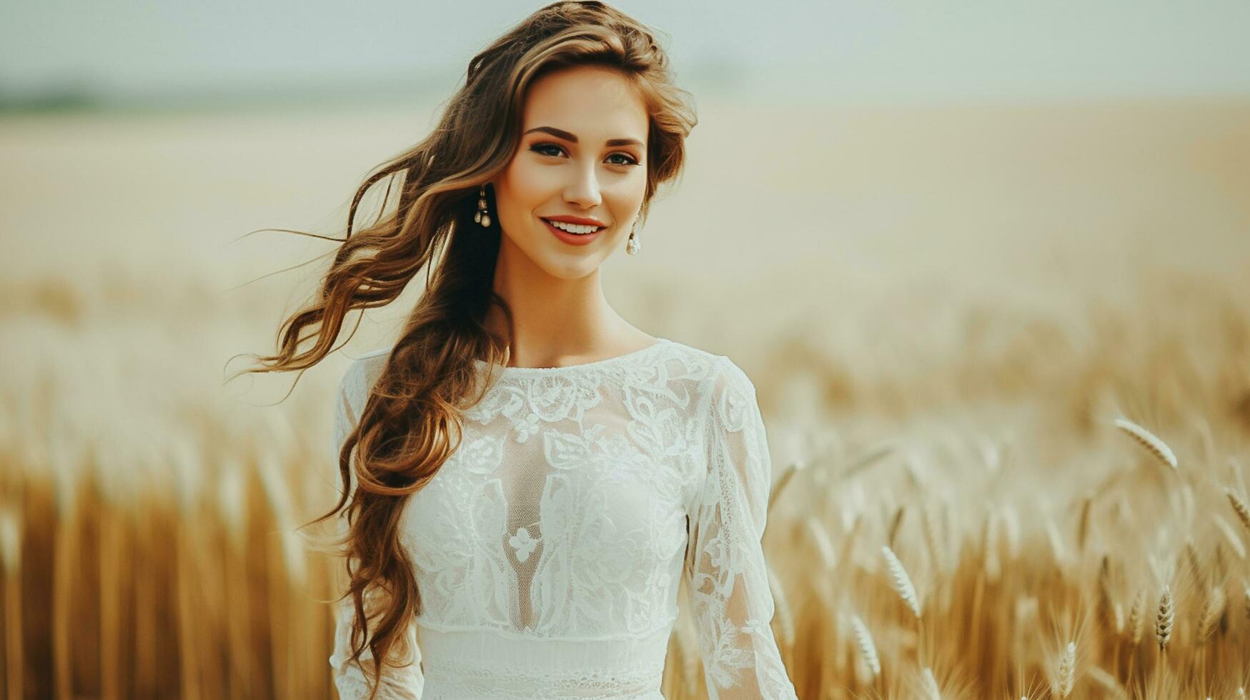 AI generated Bride during a wedding at a photo shoot in the field girl in a white dress on a wheat field in sunset AI Generated