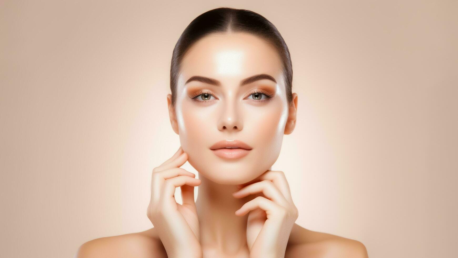 AI generated beautiful Skincare woman face with clean purity skin isolated on beige background. AI Generated photo