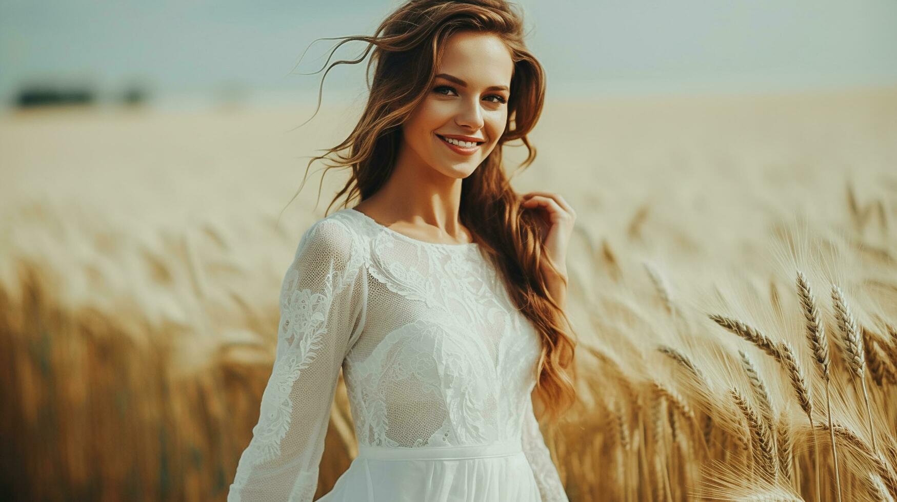 AI generated Beautiful Woman with Blonde Hair happy and smiling in a White Dress on a wheat field AI Generated photo