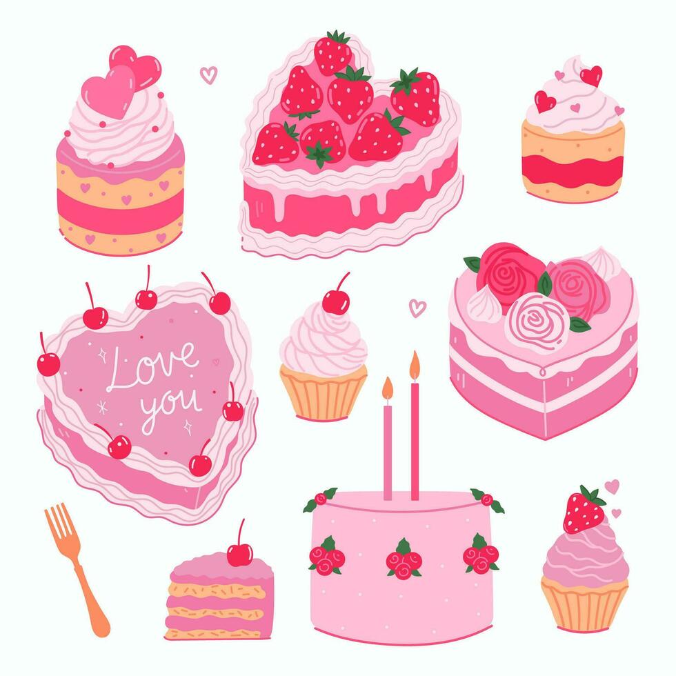 Set of cute pink cakes with strawberries and cherries isolate on a white background. Vector graphics.