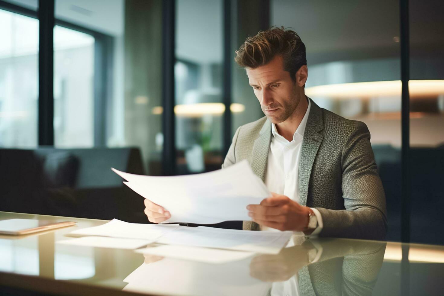 ai generado retrato de un hermoso empresario participación documento mientras trabajando en un computadora a su escritorio .ai generado foto