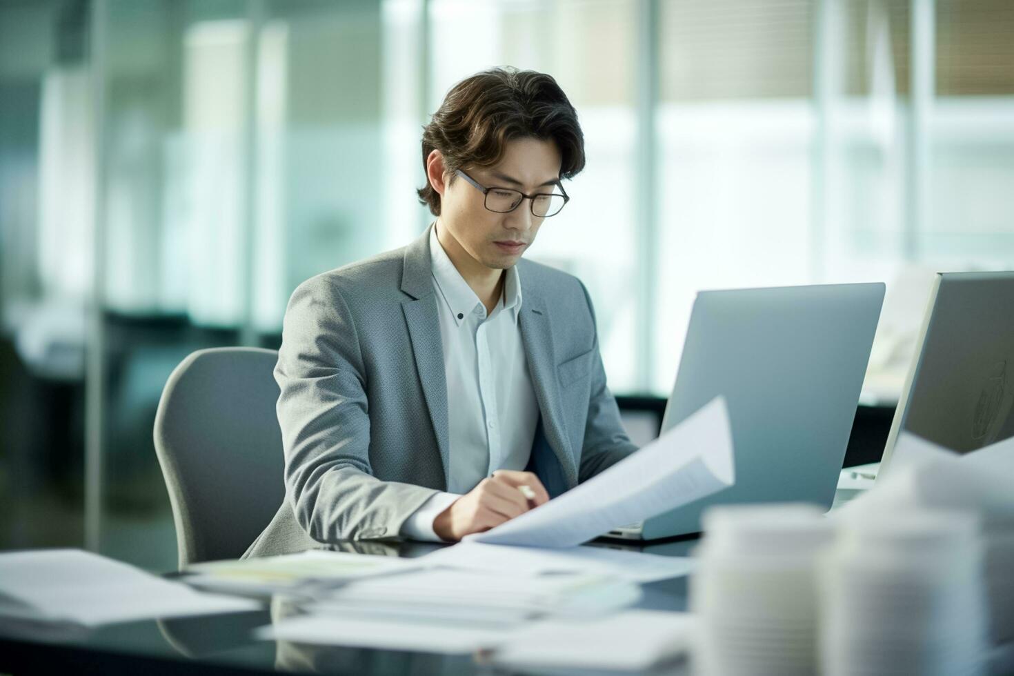 AI generated portrait of a handsome businessman holding document while working on a computer at his desk .AI Generated photo