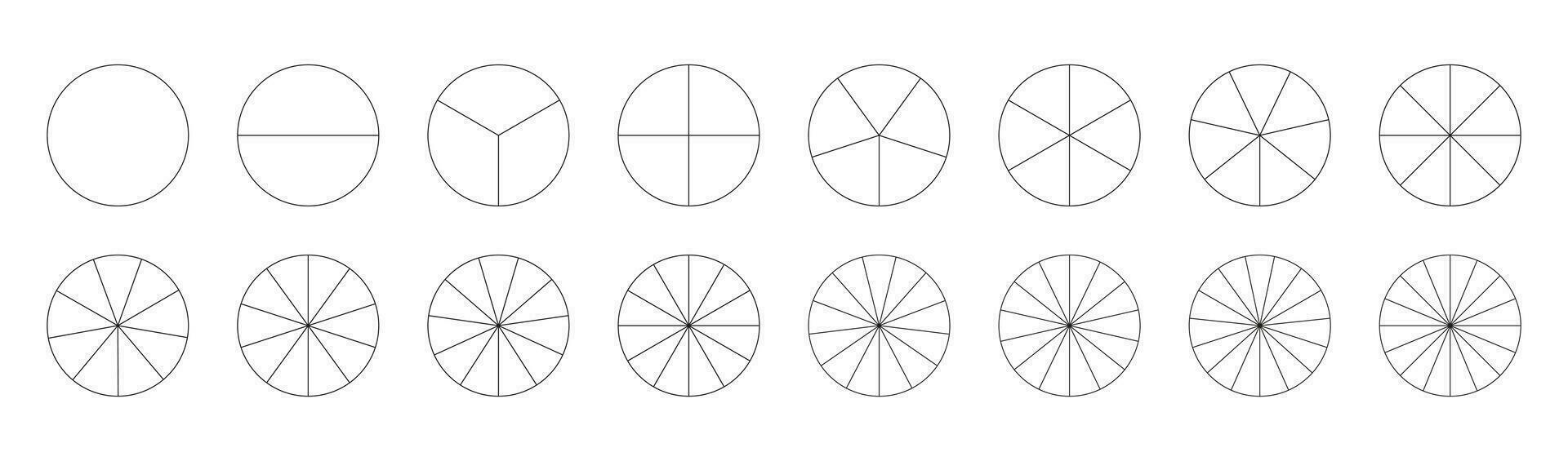 segmentario cartas Pizza gráfico modelo. conjunto de tarta cartas muchos número de sectores dividir el circulo en igual partes. colección de segmentos infografía. diagrama rueda partes. contorno negro Delgado gráficos vector