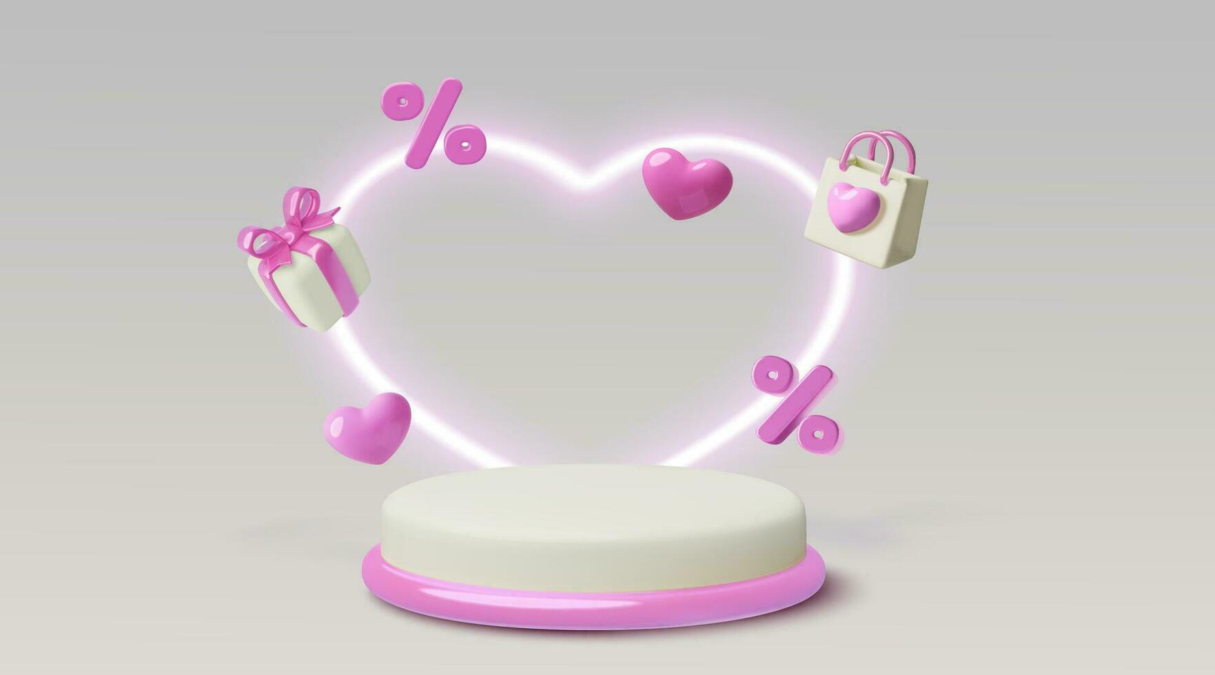 Realistic vector podium with neon heart and flying pink 3D objects. Romantic sale and discount scene