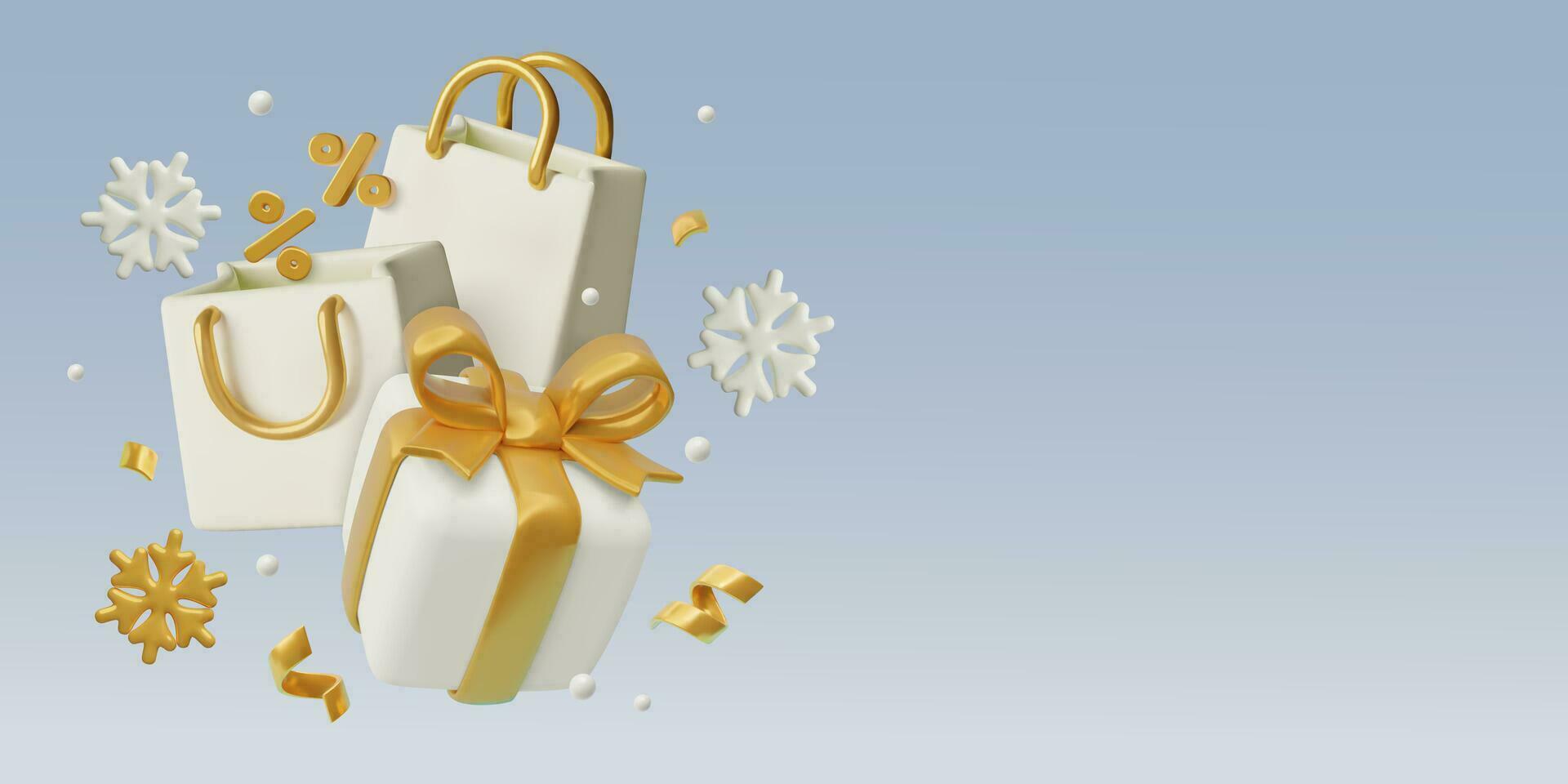 3D winter sale banner background with copy space and three dimensional vector objects composition