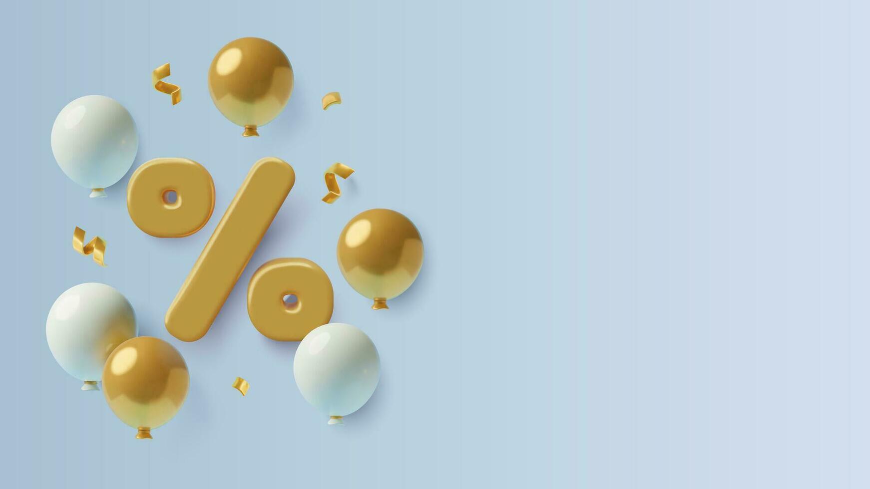 3D sale and discount background with big percent sign, white and gold helium balloons and confetti vector