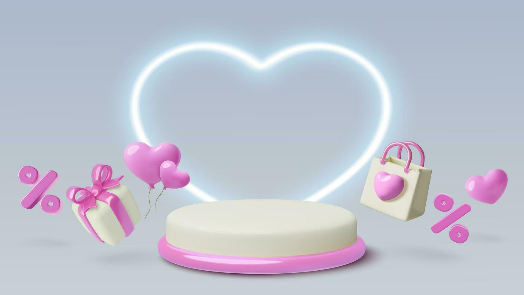 3D realistic podium with neon light heart. Sale and discount background design for Valentine's day vector