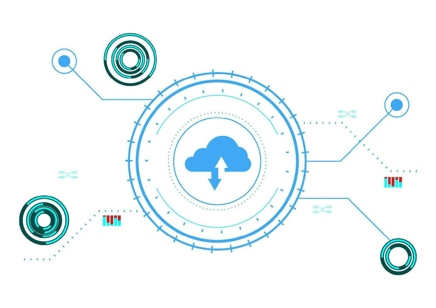 Cloud data storage concept. Cloud computing with a tech circle on a white background. Digital data server technology. Internet communication. vector