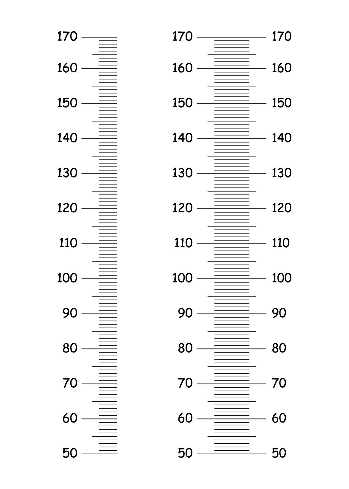 Height chart from 50 to 170 centimeters. Set of templates for wall