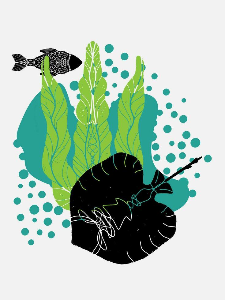 un dibujo de un pescado y plantas vector