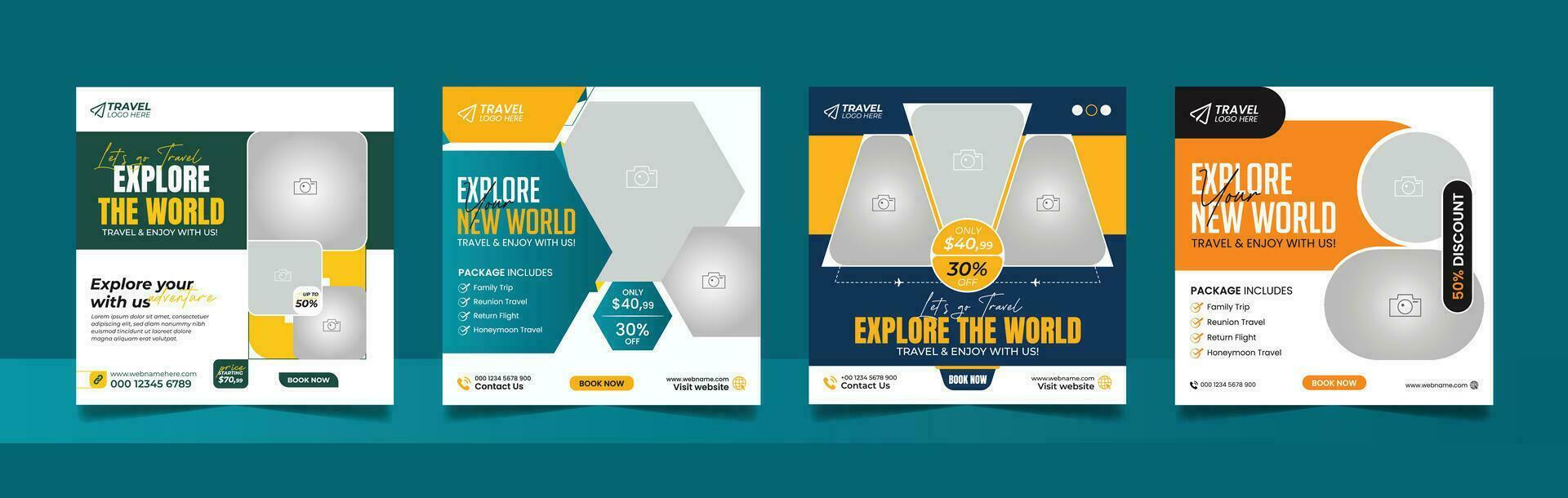 Travel and tourism social media post template design with tour packages for travelling business marketing. Marketing banner template set. vector