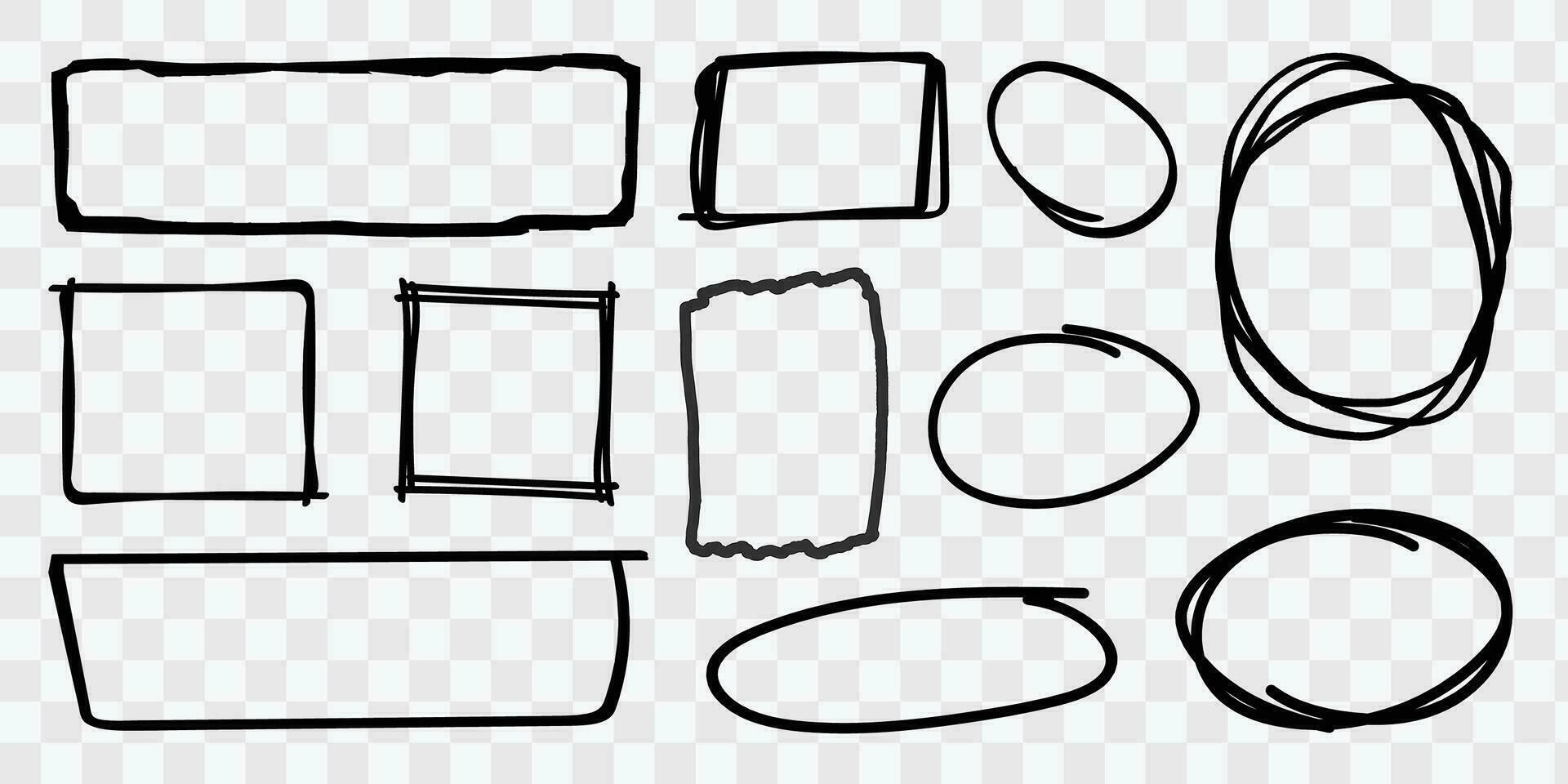Handdrawn doodle grunge square and circle highlights Collection, Marker scratch scribble scrawl frames, Charcoal pen round ovals Vector transparent