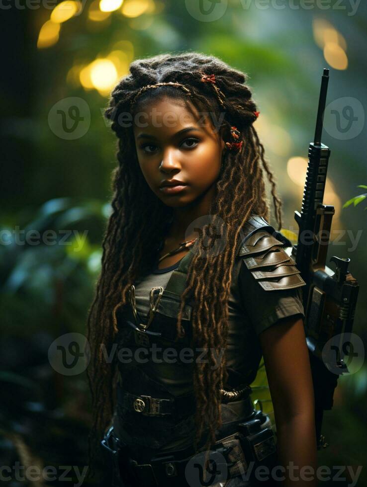 AI generated Dark-skinned young girl in full length military uniform with weapon in hand in the jungle. Powered by Artificial Intelligence. photo