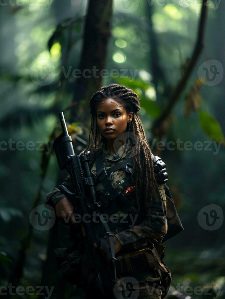 AI generated Dark-skinned young girl in full length military uniform with weapon in hand in the jungle. Powered by Artificial Intelligence. photo